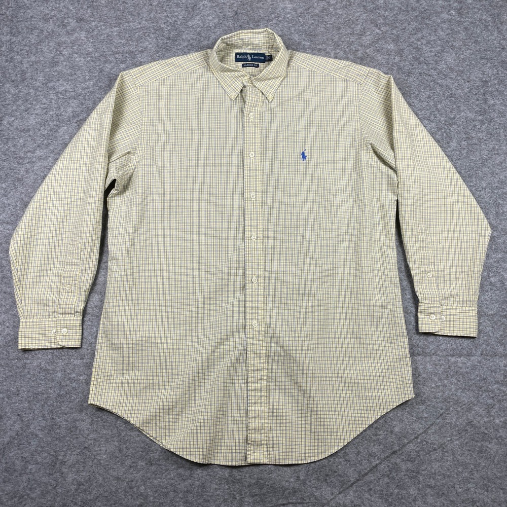 VTG Ralph Lauren Button Down Shirt Mens 16 32/33 Yellow Blue Classic Fit Check